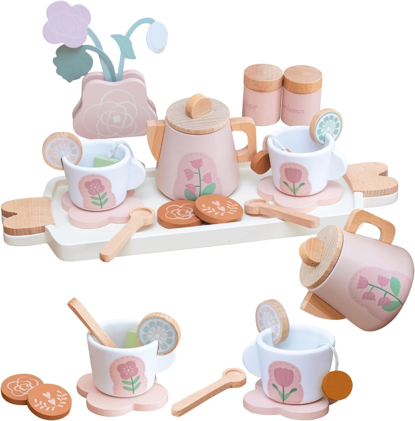 Smartwo Wooden Tea Set Toy for Girl Gift, Tea Party Set for Pretend Play Toddler, Play Food for
