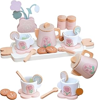 Wooden Tea Set for Little Girls, Play Kitchen Accessories for Toddlers Tea Party with Play Food, Pretend Play Tea Set Toy, Improve Imagination and Social Skills