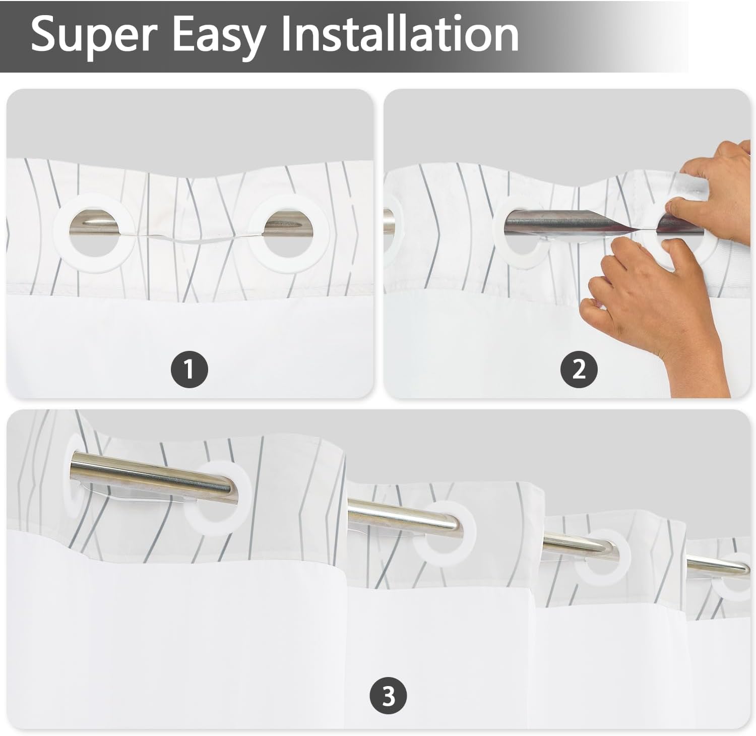 No Hook Shower Curtain with Snap in Liner, Gray Abstract Wavy Line, Minimalist Modern Neutral Bathroom Shower Curtain, Waterproof Fabric with See Through Mesh Top Window, 71x74 Inch