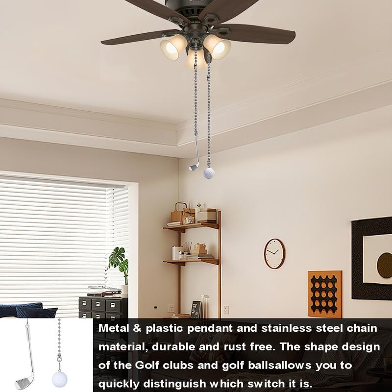 Image of 2pcs Ceiling Fan Pull Chain Ornament, 12 inch Ball Chain Golf Ball Set Fan Light Pulls for Kid Room Decorative Extension,Sliver Chain