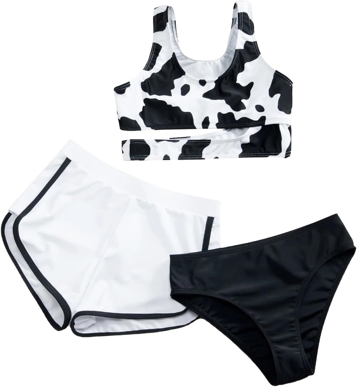 Girls Swimsuit Cow Print 3 Piece Bikini Set with Shorts Bathing Suits Cute Tankini Swimwear Kids Holiday Beach Clothes