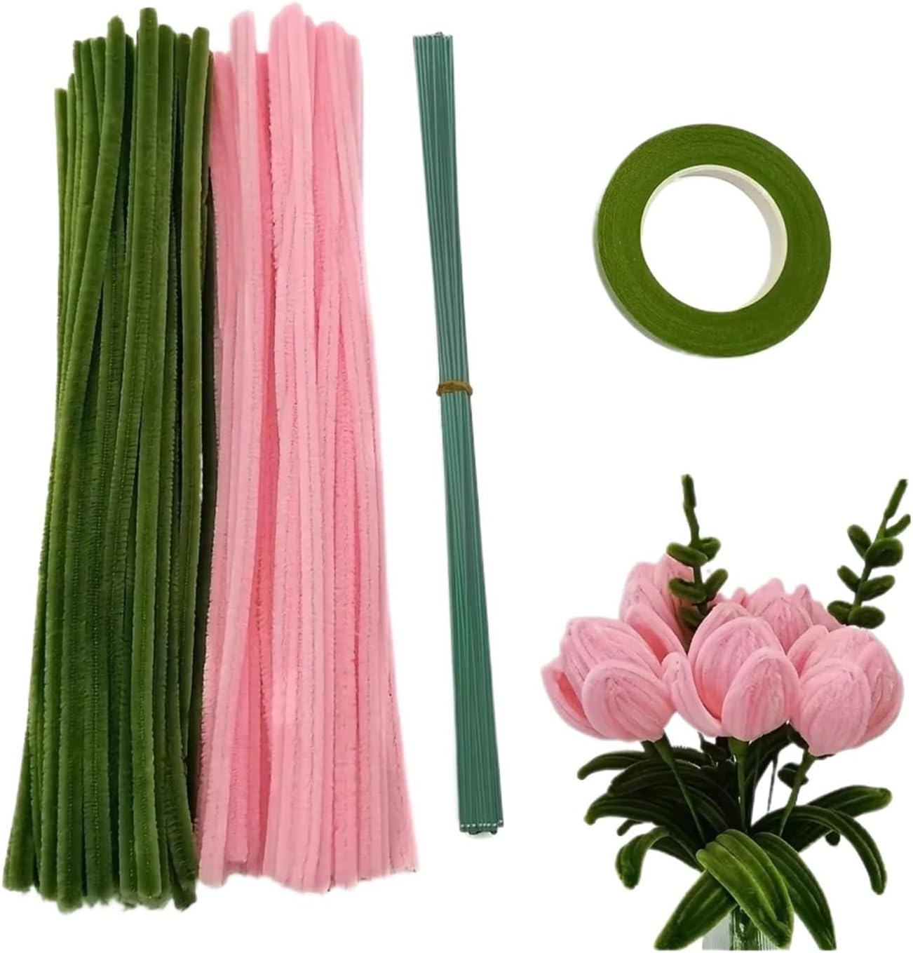 Pink Craft Pipe Cleaners Flower Chenille Stem with Floral Wires & Gardening Tape,for Wedding Gift, Holiday Decoration