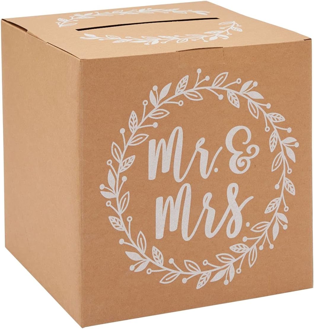 Sparkle and Bash Card Box for Wedding - 10 x 10 x 10 In, Brown Rustic Paper - Mr & Mrs Card Box for Reception