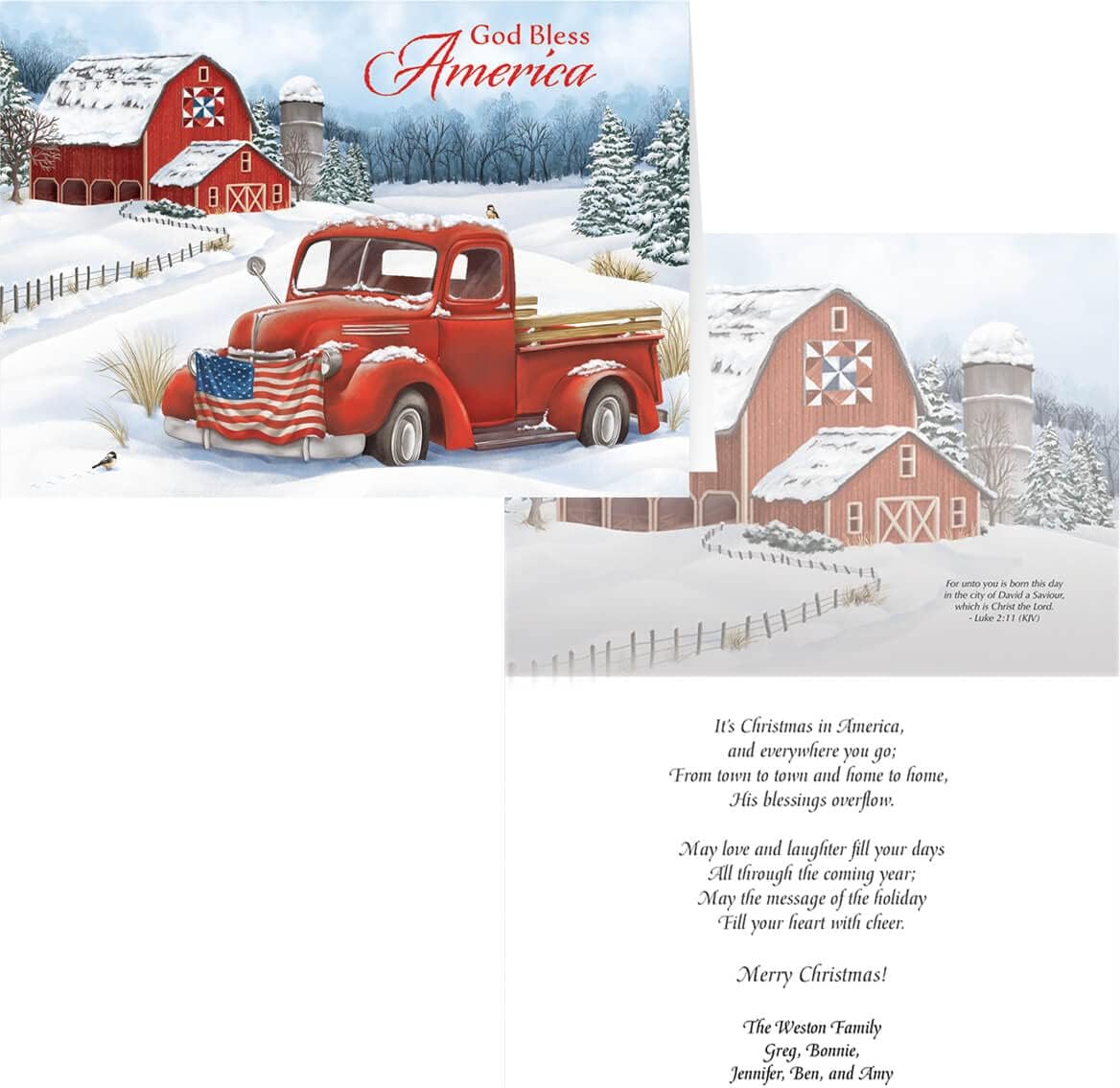 Fox Valley Traders Custom Christmas in the Country Cards Set of 20, Card and Back of Envelope Personalization