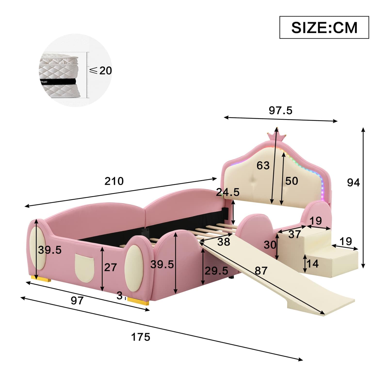 KOMHTOM Lit Enfant en Bois 90x200 cm - Lit LED Plateforme Simple avec Barrière de Sécurité et Toboggan - Escalier - Sommier à Lattes - Design Unique - PU - sans Matela (Rose-B)