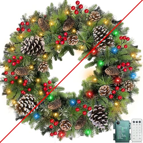 Dual Color Switch & Timer - 26 Inch Large Thick Prelit Christmas Wreath with 50 Warm White & Colorful Lights Remote Control 8 Modes Double Frame 228 Branch 16 Pinecone 60 Red Berry Xmas Decor Outdoor Dual Color Switch & Timer - 26 Inch Large Thick Prelit Christmas Wreath with 50 Warm White & Colorful Lights Remote Control 8 Modes Double Frame 228 Branch 16 Pinecone 60 Red Berry Xmas Decor Outdoor