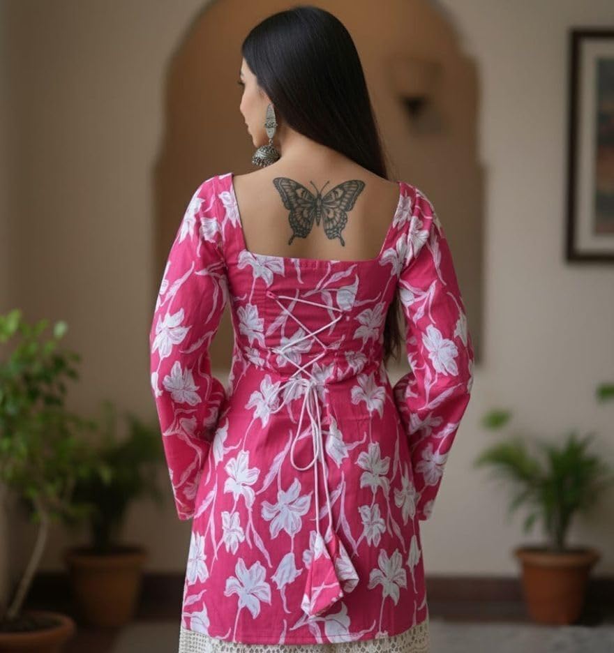 Image of MAHIRA'S Women's Short Kurti, Black Rayon Tunic Top with Embroidered Sleeves, 3 /4 Designer Sleeves