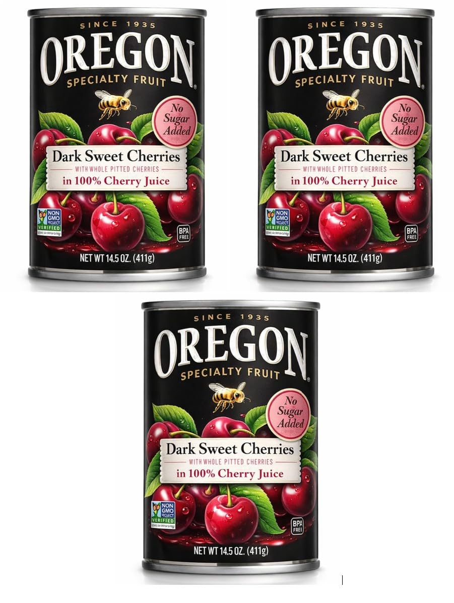 Oregon Dark Sweet Cherries in 100% Cherry Juice, Whole Pitted Fruit, No Added Sugar – Value Pack of 3 (3 x 14.5 oz)