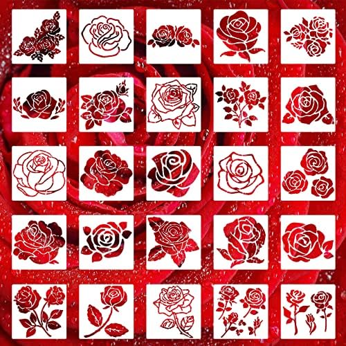 Yanmucy 25 Pieces Rose Flower Stencil for Painting Reusable Drawing Templates Stencils DIY Floral Templates on Wood Wall Canvas (Rose)