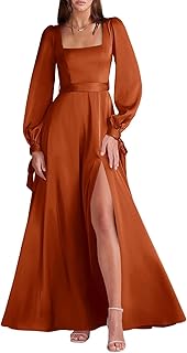 Smileven Women’s Satin Long Sleeve Bridesmaid Dresses 2024 Belt A Line Formal Prom Gowns with Pockets