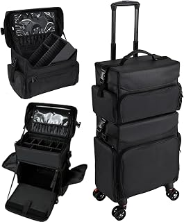 2 In 1 Large Capacity Soft Sided Nylon Makeup Train Case with Detachable 360 Degree Wheels Travel Organizer Portable for Makeup Artist Cosmetology Nail Hair Stylist, Black