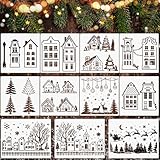 Cinnvoice 11 Pcs Christmas Stencils for Painting Xmas Windows Stencil for Crafts Reusable Large Winter Holiday Template with Metal Open Ring for DIY Wood Glass Wall Home Decor(Rustic Style)