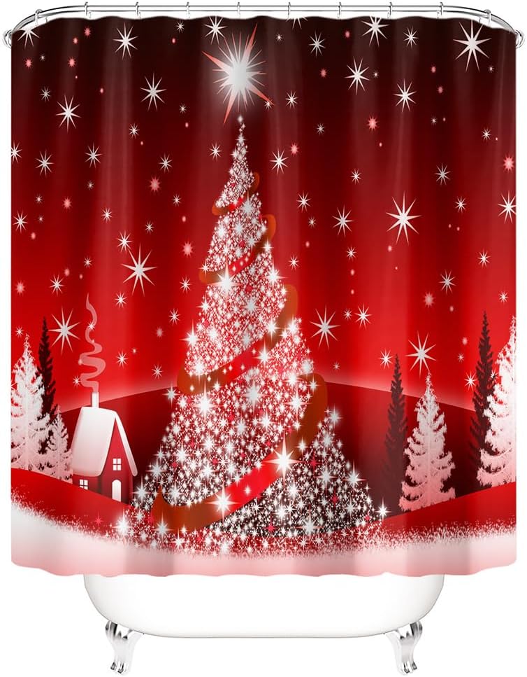 4Pcs Christmas Bathroom Sets with Shower Curtain, Rugs, Toilet Lid Cover and Bath Mat, Christmas Tree Santa Claus Snowman Gnome Chritsmas Shower Curtain with 12 Hooks for Bathroom Decor (Set H)