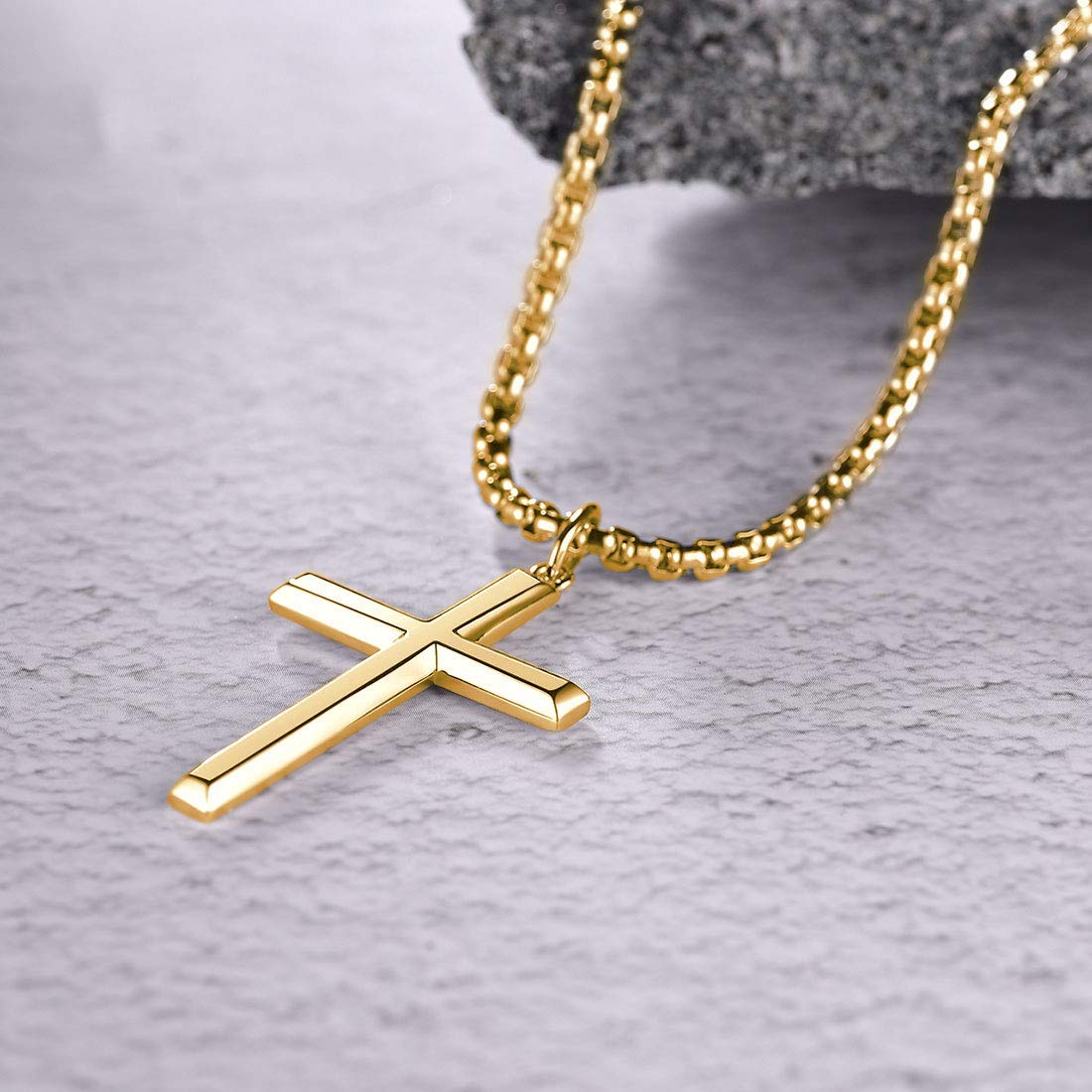 FANCIME Collar con Colgante de Cruz para Hombre Niños de Plata de Ley 925 Chapada Oro Amarillo con Cadena de Acero Inoxidable - Longitud Cadena: 56 cm