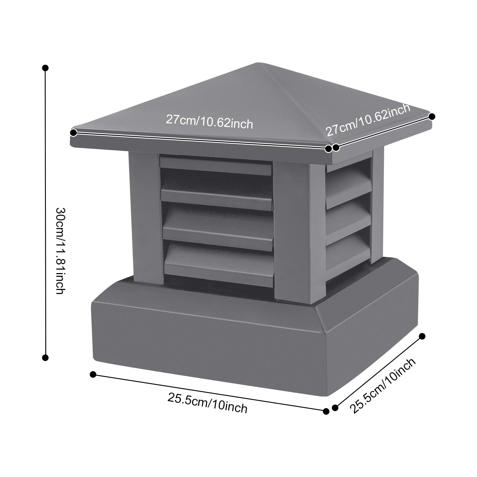 Cubierta de chimenea de aleación de aluminio, protección para pájaros y lluvia, con filtro de chispas para chimeneas y chimeneas, 25,5 x 25,5 cm, color gris oscuro