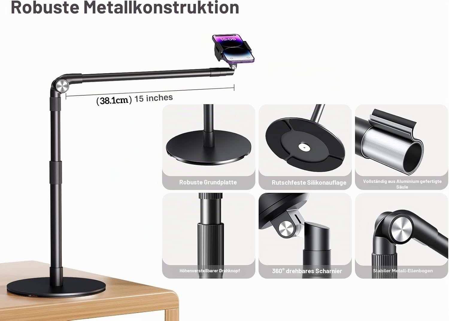 elitehood Handyhalterung Tisch zum Filmen mit Robuste Basis, Höhenverstellbar Overhead Stativ Handy Ständer zum Filmen, 38cm Langer Arm Handyhalterung Schreibtisch für iPhone 15 14 13, Android Handy