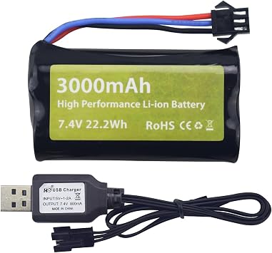 7.4V 3000mAh 15C 2S SM-3P Plug Li ion Battery and USB Charger Suitable for DE43 DE60 9500E RC Car Model Truck Huina 1575 RC Engineering Vehicle RC Remote Control Toy Car