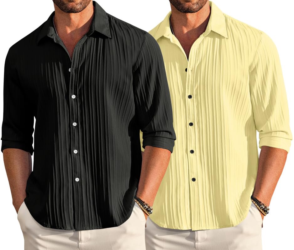 Image of FINIVO FASHION Men's Cotton Blend Shirt Set Lightweight, Full Sleeves, Plain Texture, Button Closure, Summer Ready (Pack of 2)