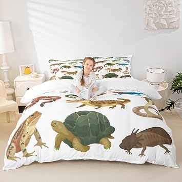 Homewish Animal Bedding Set 3pcs for Kids Boys Crocodile Frog Snake and Tortoise Decor Comforter Cover Reptile Duvet Cover Set Microfiber Bedspread Cover with 2 Pillow CasesNo Comforter Full Size