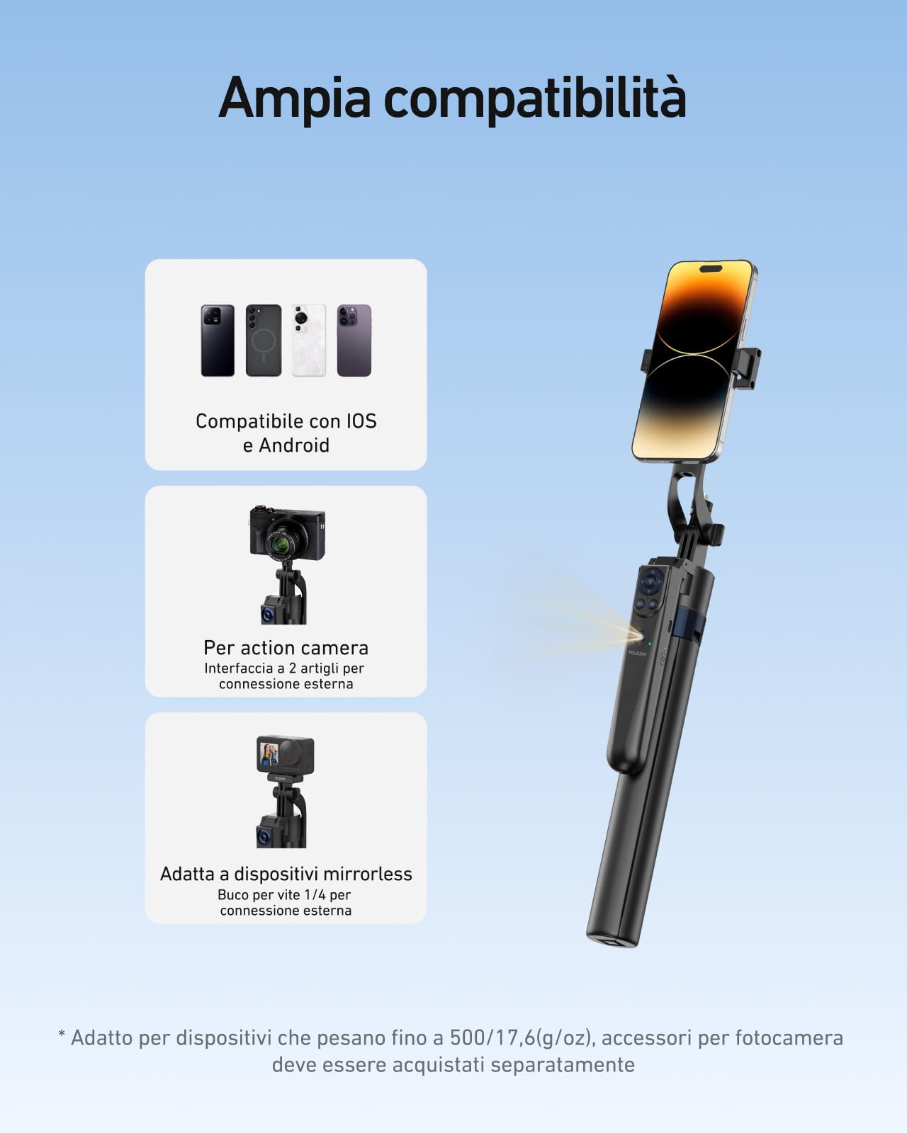 TELESIN 160CM Automatico Volto Tracciamento Treppiede, 360° Rotazione Selfie Stick Treppiede con Telecomando e Gestuale, Senza App, Compatibile con Phones/Action Camera/Cameras per Vlog/Video/Stream