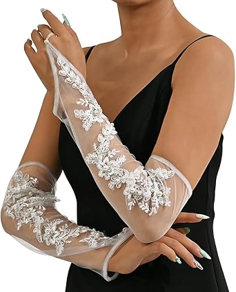 Long Wedding Lace Gloves White Pearl Bridal Gloves Tulle Fingerless Gloves Stretchy Elbow Length Party Gloves for Women and Girls