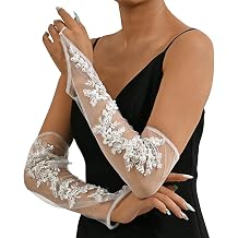 Long Wedding Lace Gloves White Pearl Bridal Gloves Tulle Fingerless Gloves Stretchy Elbow Length Party Gloves for Women and Girls