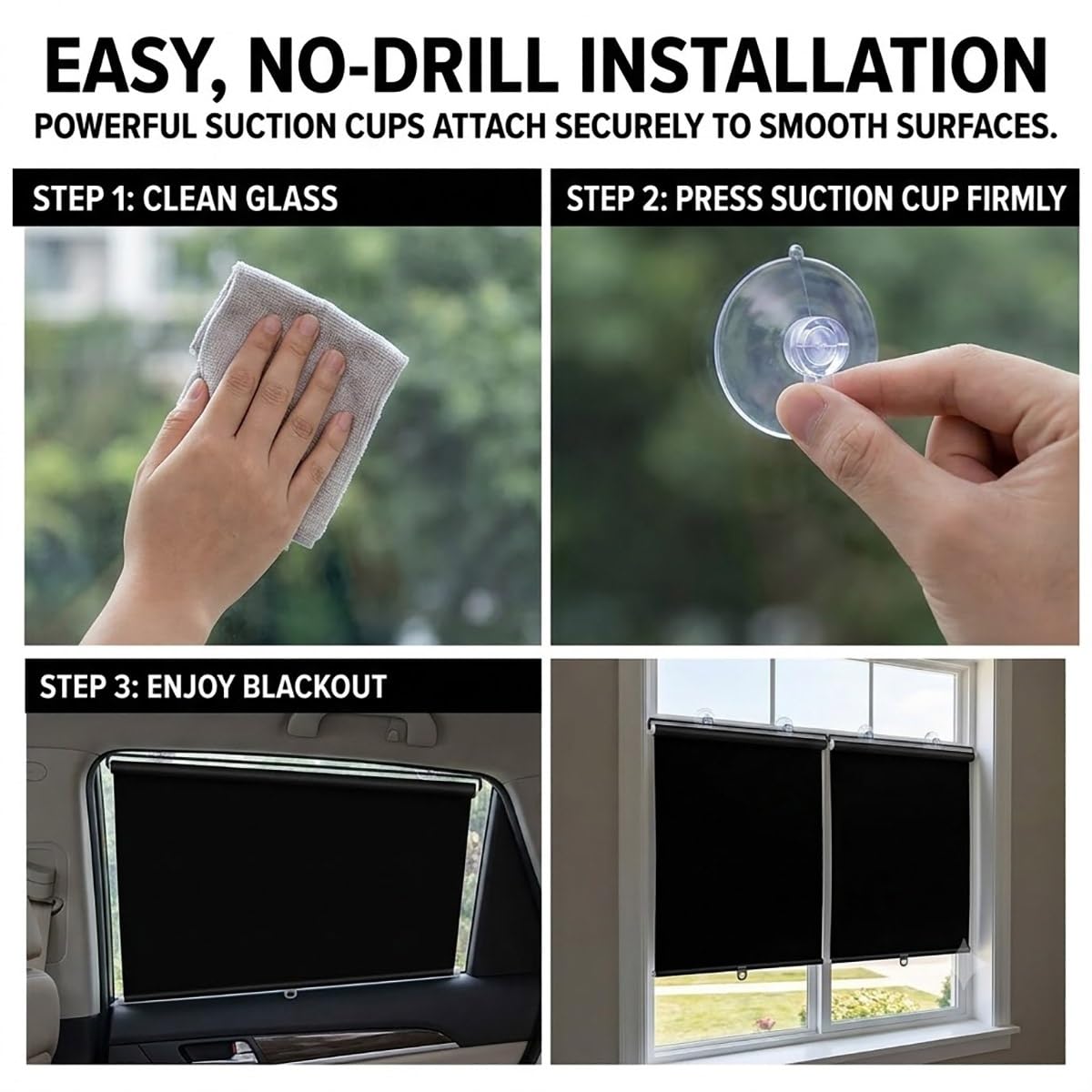 Estores enrollables con ventosas, Persiana Enrollable Sin Taladrar, Negro | Cortina opaca reflectante, Estor Térmico para Ventanas, aislamiento térmico y protección solar, retráctiles(W75 x H190cm)