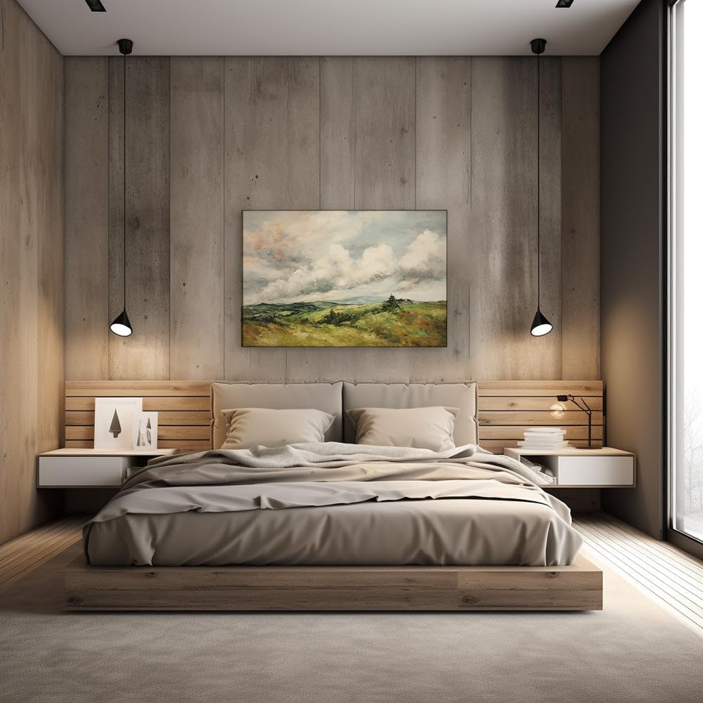 Canvas for Living room. Whispers of Nature: A Study in Oil of Verdant Pastures and Brooding Skies, 27 x 18 inch Canvas Wall Art - Contemporary Masterpieces - Modern Home Decor - 69x46 cm (27x18 inch)