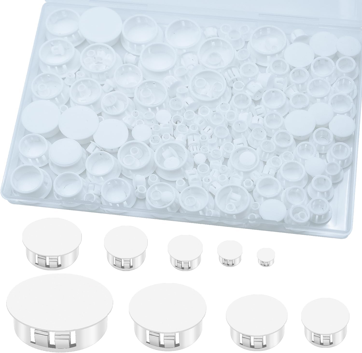 210PCS 9Sizes White Plastic Hole Plugs, Round Drilling Hole Cover Plugs for Cabinet, Flush Type Panel Knockout Locking Plastic Plugs Insert End Caps (1/5" 1/4" 5/16" 3/8" 1/2" 5/8" 3/4" 7/8" 1")