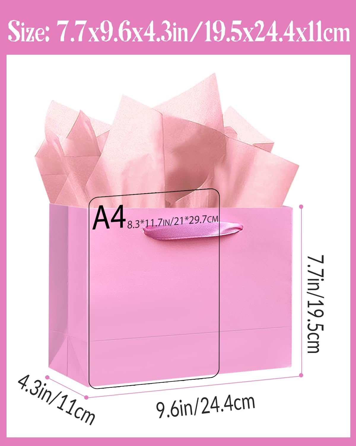 qiqee 24PCS Pink Gift Bags with Ribbon Handles 9.6"x7.9"x4.3" Medium Size Gift Bags (Tissue Paper included, Medium Wide)