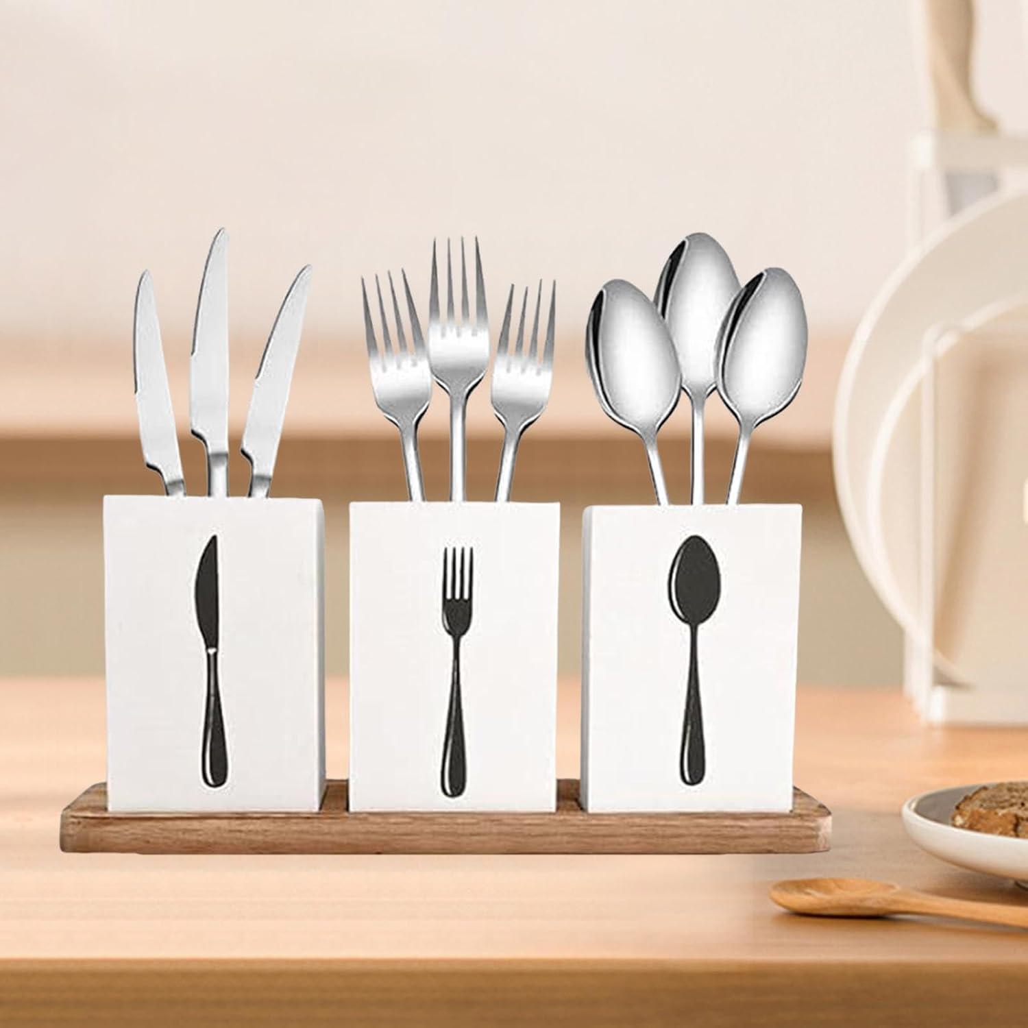 Kitchen Utensils Holder Cutlery Silverware Holder Space Saving Multipurpose Spoon Fork Knives Flatware Dispenser for Cooking, White