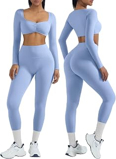 2 Piece Workout Sets for Women Long Sleeve Padded Sports Bra High Waisted Gym Outfits with Pocket