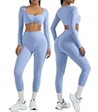2 Piece Workout Sets for Women Long Sleeve Padded Sports Bra High Waisted Gym Outfits with Pocket