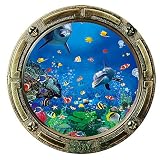 BooDecal 17 in x 17 in Dolphins Variours Tropical Fish Unsersea Series Porthole Fake Window Removabl