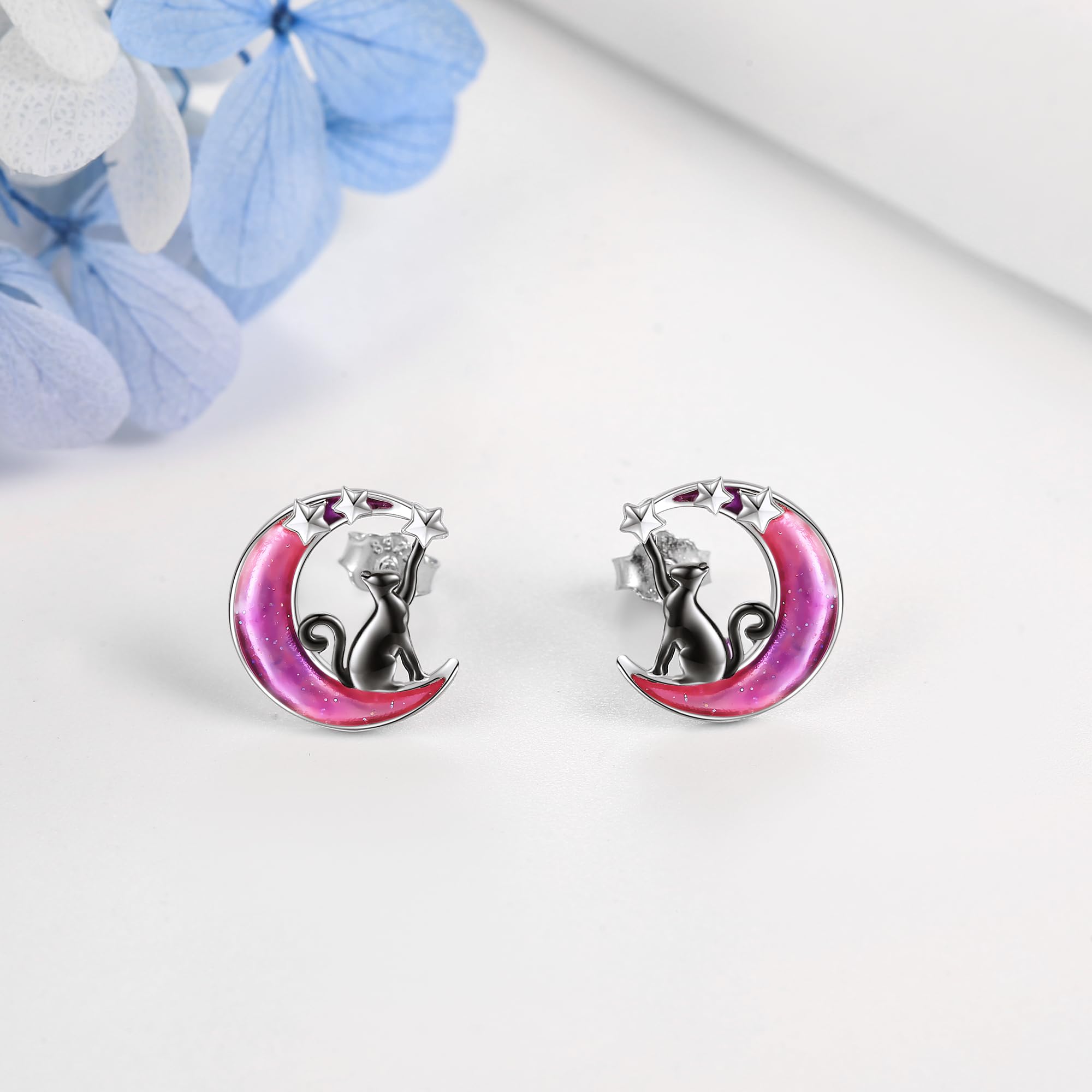POPLYKE Mond Ohrstecker Katze Ohrstecker für Damen 925 Sterling Silber Katze Ohrringe für Mädchen Mond Schmuck Geschenke