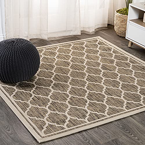 JONATHAN Y Moroccan Trellis Indoor Outdoor Square Area Rug 5X5 Brown/Beige, Trebol Textured Weave for Backyard, Patio, Porch, Easy-Cleaning, High Traffic, Pet-Friendly, Non-Shedding (SMB109A-5SQ)