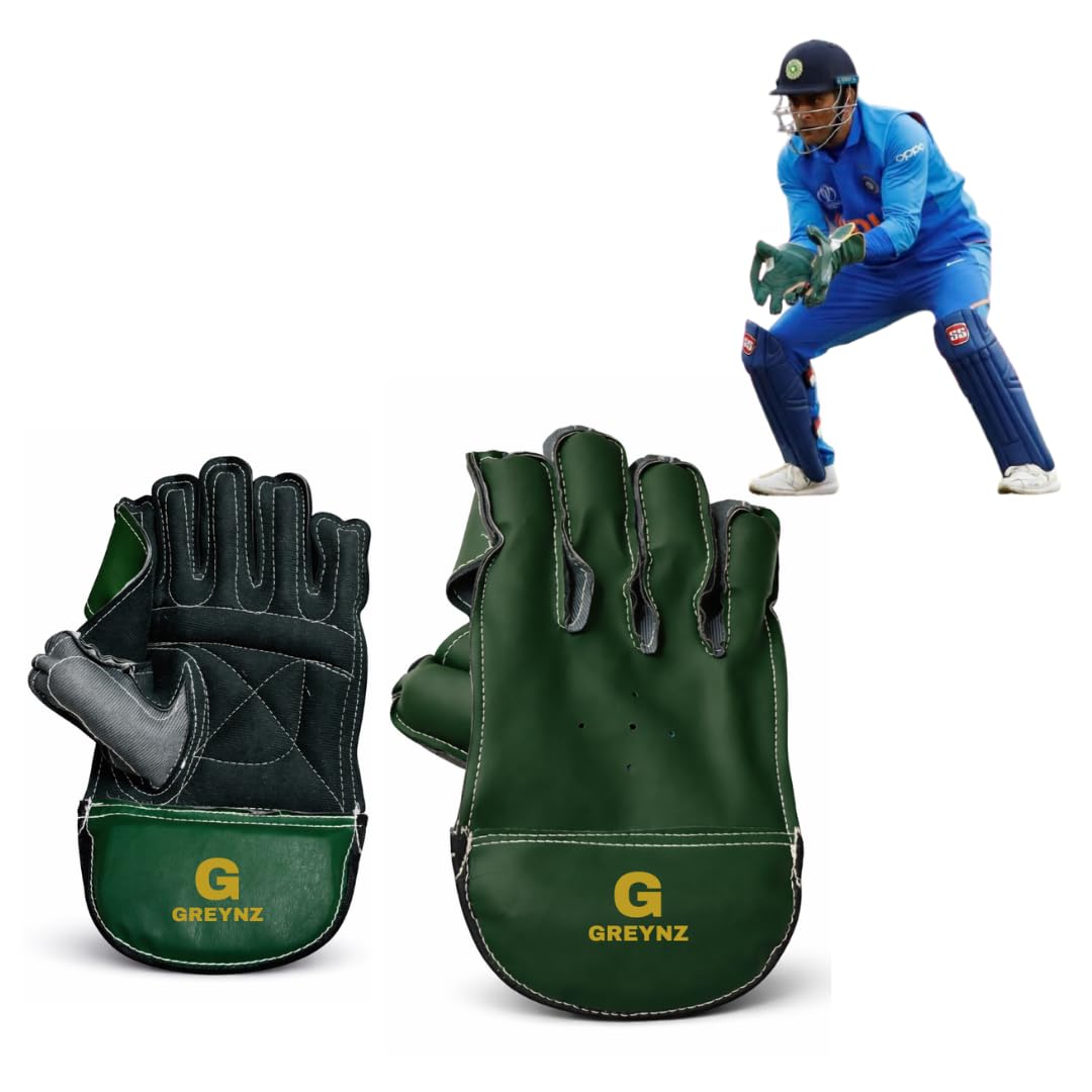 GREYNZ MS Dhoni Inspired Green Wicket Keeping Gloves for Kids (Age 9–15 Years) | Premium PU Leather | Comfortable, Durable...
