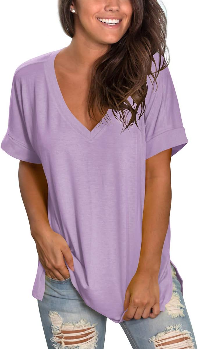 SAMPEEL Women's V Neck T Shirts Rolled Short Sleeve Side Split Summer Tops Dressy Casual