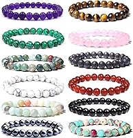 CASDAN 12PCS 8mm Semi-Precious Gemstone Stretch Bracelets - Tiger Eye, Howlite, Lava Rock, Reiki Healing Crystals for Women Men Gifts