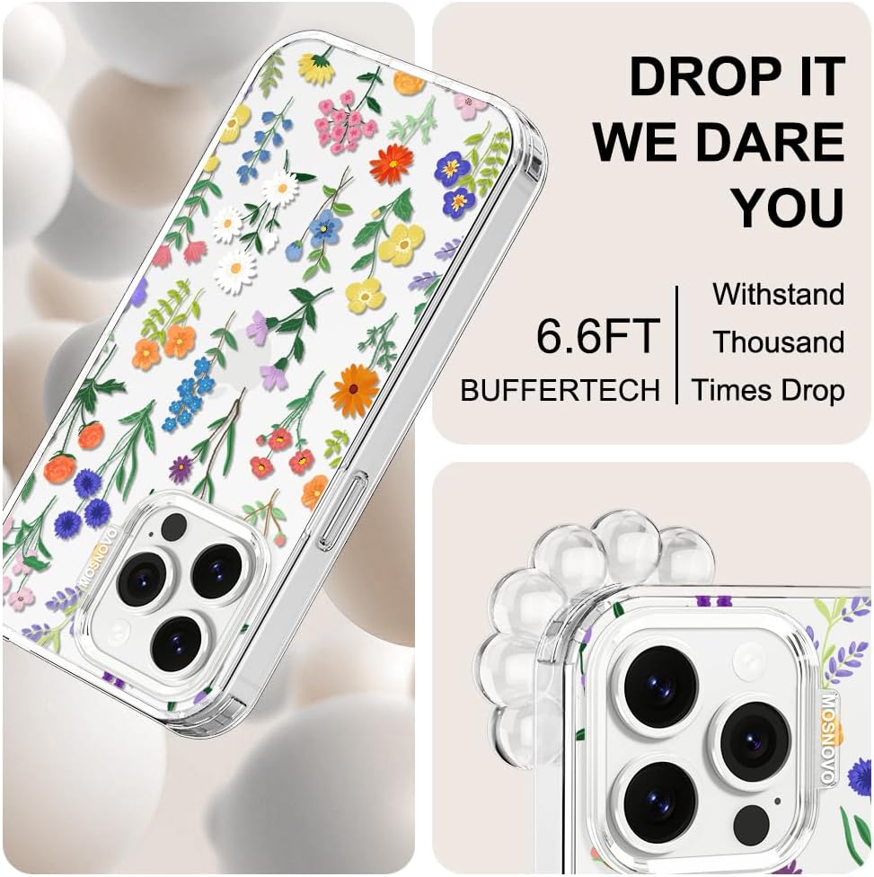 MOSNOVO Case for iPhone 14 Pro Max, [Buffertech 6.6ft Military-Grade Drop Protection] [Anti Peel Off Tech] Clear TPU Bumper Phone Case Cover Design - Botanical Floral - Image 5