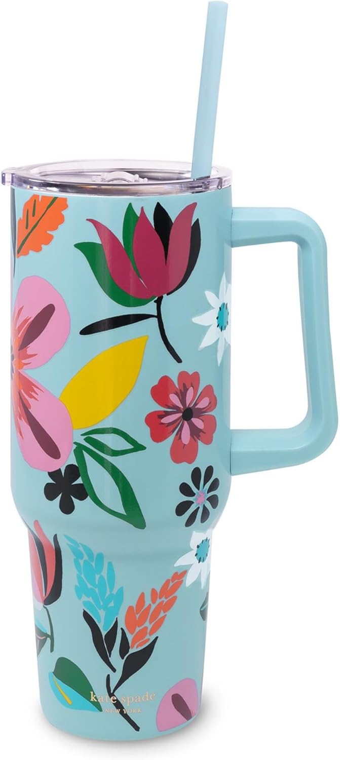 kate spade new york 40 Ounce Tumbler with Handle and Straw, Double Wall Stainless Steel Insulated Cup, Cupholder Friendly 40 oz Cup, Metal Drinking Cup for Hot or Cold Drinks (Safari Floral)