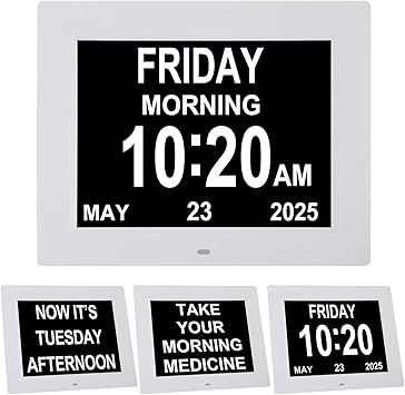 TMC 8 Inch Digital Dementia Clock for Seniors, Large Calendar with Day Date & Week Display, 5 Alarms + 3 Medicine Reminders, Plays SD Card Video, Wall Mountable, Detachable Stand (White, SD)