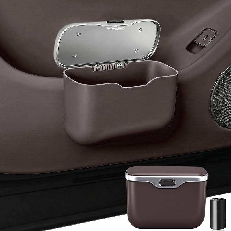 Lixeira automotiva suspensa com tampa e revestimento interno impermeável HALOYIVGO, marrom