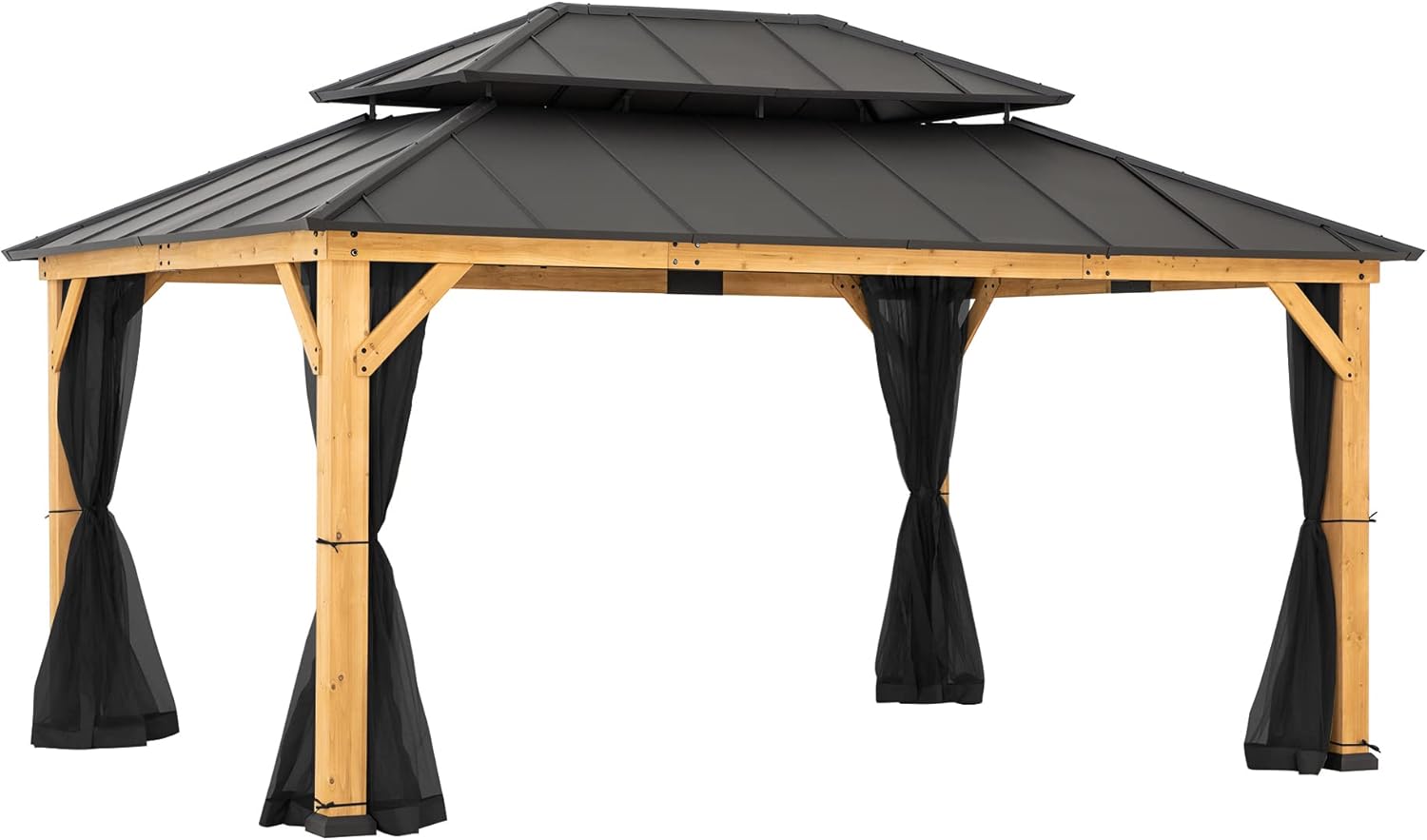 Gazebo with mosquito netting panels tied back to the posts