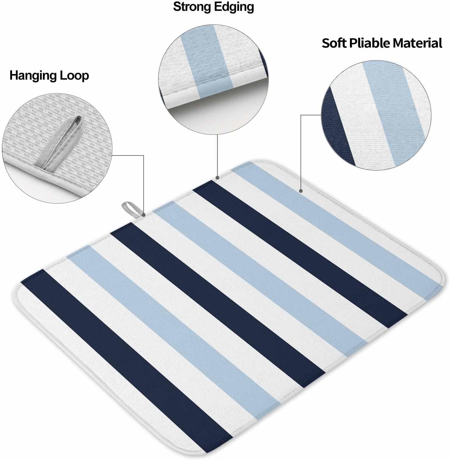 Dish Drying Mat Set of 2 Navy Light Blue Contrast Microfiber Absorbent Reusable Washable Dish Drying Rack Mat Simple Striped Coffee Mat for Coffee Maker Bar Kitchen Countertops 18x24inch