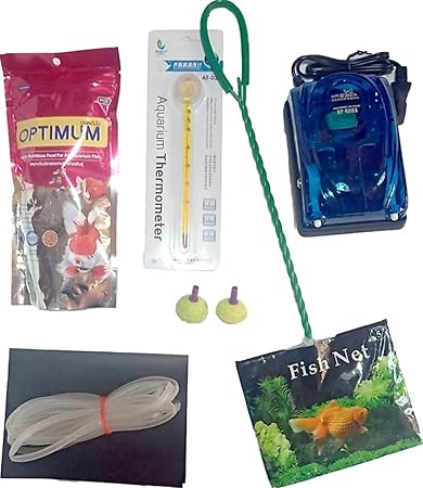 MASHKI Aquarium Jumbo KIT with AIR-Motor, Thermometer, Fish Food, Fishing NET with AIR-Pipe & Stone Aquarium Tool