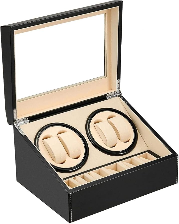 Scatola Carica Automatica Orologi MOOPHYSHAM Per 4-6 Orologi, Motore Silenzioso, Legno E Vetro Acrilico, Con Scomparti Gioielli