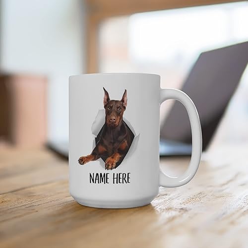 Miniatura 4 de Taza de café blanca con nombre Doberman Pinscher Choco Tan con texto personalizado, regalos de Navidad 2023, color blanco, 15 onzas