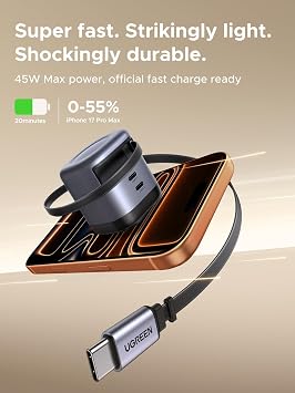 UGREEN Nexode Retractable 45W GaN Charger for iPhone 17, 3-Port USB C Fast Charger with 2.26ft Cable for iPhone 17/16/15/14/13 Series, Galaxy S26/S25/24 Ultra, Pixel, iPad, Space Grey