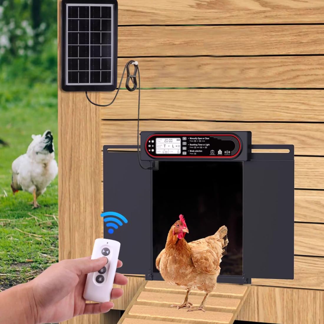 Puerta automática de gallinero con energía solar, temporizador, sensor de luz, control remoto y manual, respaldo USB, antipellizcos, diseño resistente a la intemperie